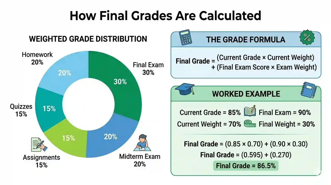 How final grades are calculated infographic showing a weighted grade distribution donut chart (Final Exam 30%, Midterm 20%, Homework 20%, Quizzes 15%, Assignments 15%), the grade formula box, and a worked example where 85% current grade and 90% final exam score produce an 86.5% final grade