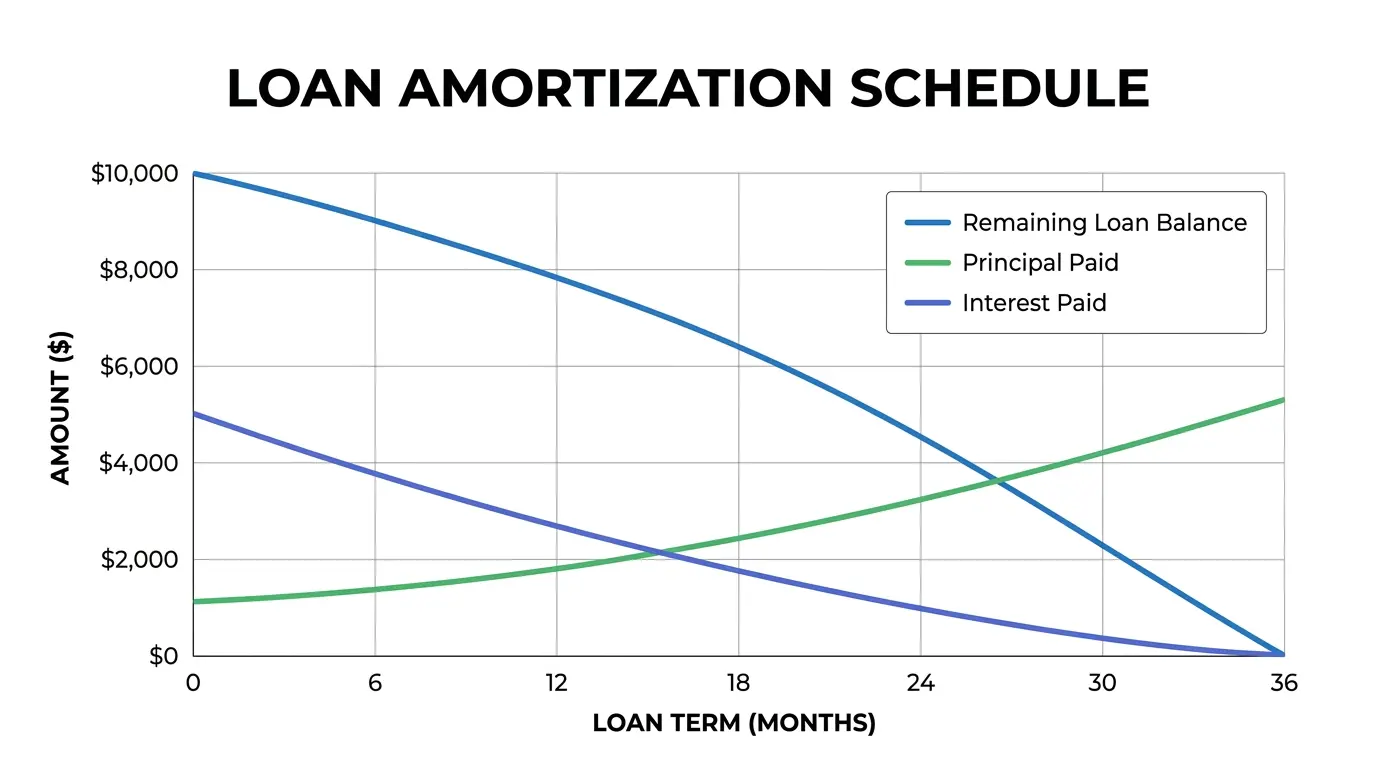 Loan amortization schedule line chart for a $10,000 loan at 8% over 36 months, showing three lines: remaining loan balance declining from $10,000 to $0 (blue), cumulative principal paid rising from $0 to approximately $5,300 (green), and cumulative interest paid rising then flattening at $1,281 (purple)