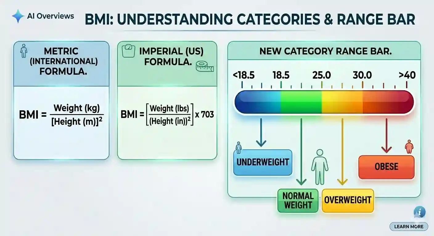 BMI category range bar showing colour-coded scale from underweight (below 18.5) through normal weight (18.5 to 24.9), overweight (25 to 29.9), to obese (30 and above), with body silhouettes and threshold markers