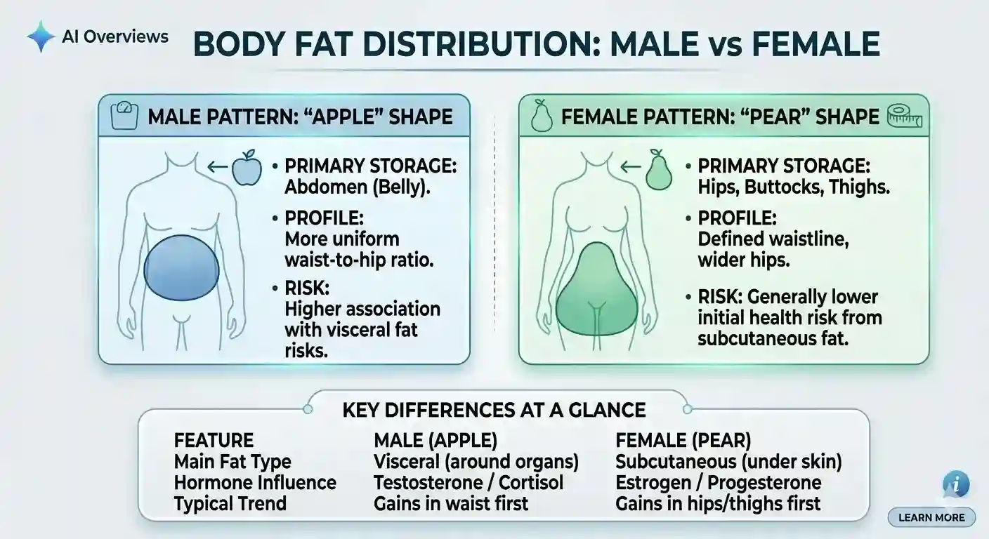 Diagram comparing male apple-shaped body fat distribution (visceral abdominal fat, higher cardiovascular risk) versus female pear-shaped body fat distribution (subcutaneous fat on hips and thighs, lower initial risk), with a comparison table showing main fat type, hormone influence, and typical trends