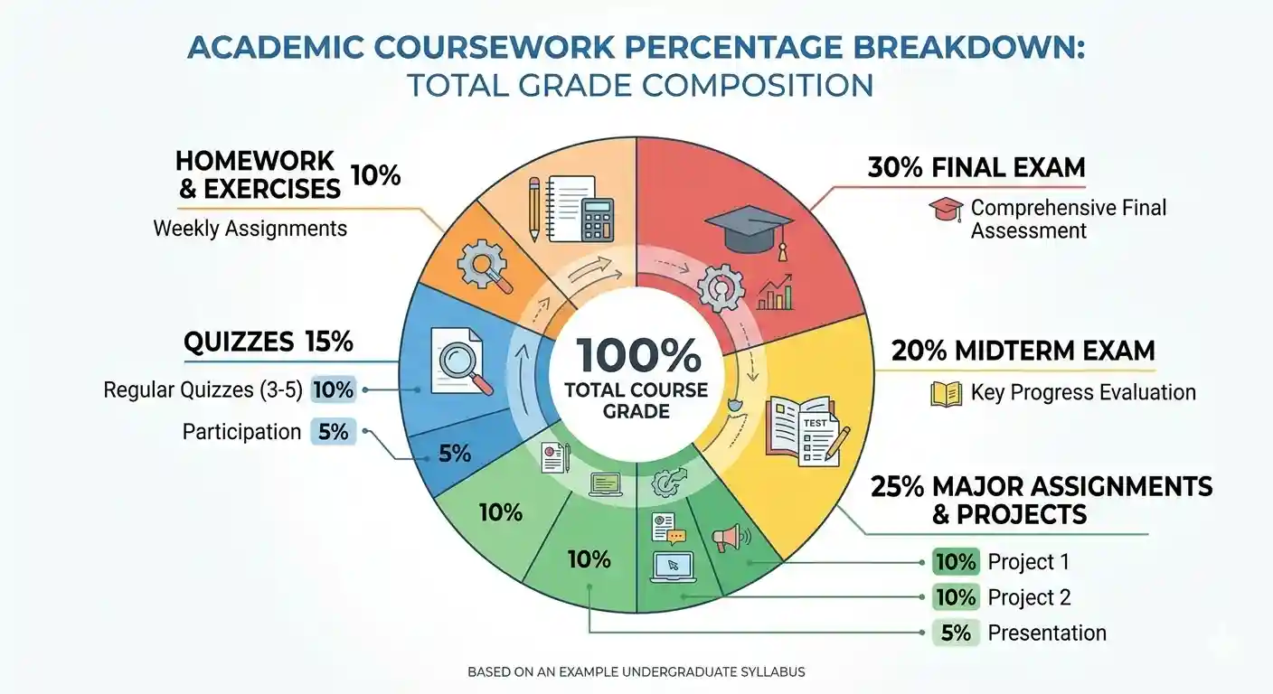 Academic coursework percentage breakdown donut chart showing total grade composition: Final Exam 30%, Major Assignments and Projects 25%, Midterm Exam 20%, Quizzes 15%, Homework and Exercises 10% — based on an example undergraduate syllabus