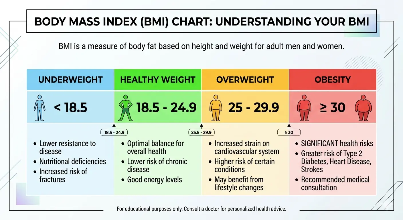 BMI chart showing all WHO weight categories — Underweight below 18.5, Healthy Weight 18.5 to 24.9, Overweight 25 to 29.9, Obese Class I 30 to 34.9, Obese Class II 35 to 39.9, and Severely Obese 40 and above