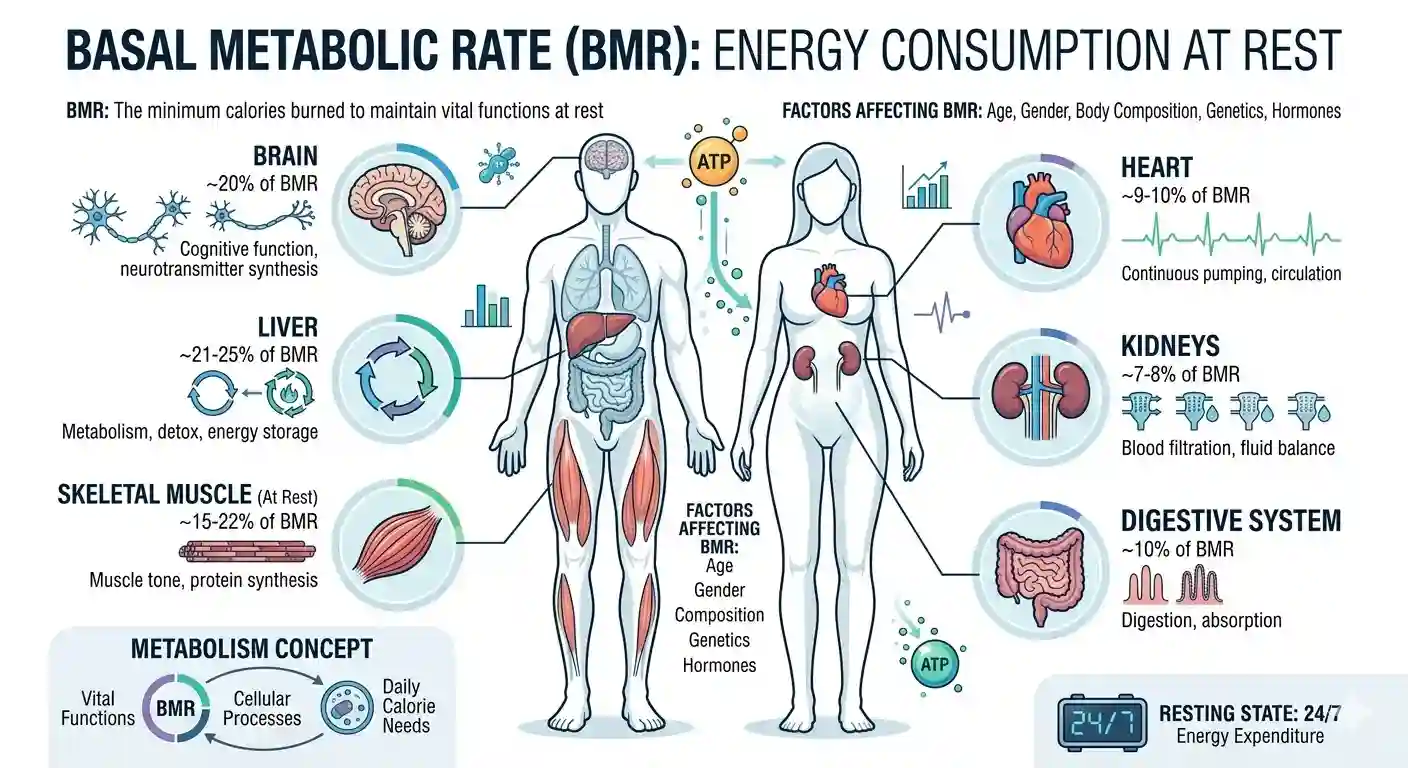 Basal Metabolic Rate infographic showing energy consumption by organ: brain 20%, liver 21–25%, skeletal muscle 15–22%, heart 9–10%, kidneys 7–8%, digestive system 10% — along with the five factors affecting BMR: age, gender, body composition, genetics, hormones