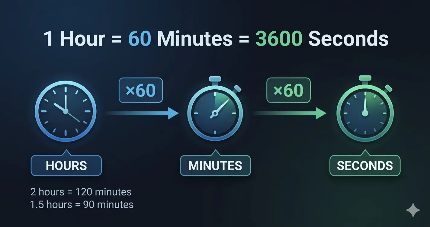 Time unit conversion flow diagram: 1 Hour multiplied by 60 equals 60 Minutes, multiplied by 60 again equals 3600 Seconds. Examples shown: 2 hours = 120 minutes, 1.5 hours = 90 minutes