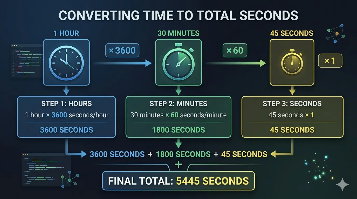 Step-by-step infographic showing how to convert 1 hour 30 minutes 45 seconds into total seconds: 3600 + 1800 + 45 = 5445 seconds, 90.75 minutes, and 1.5125 decimal hours