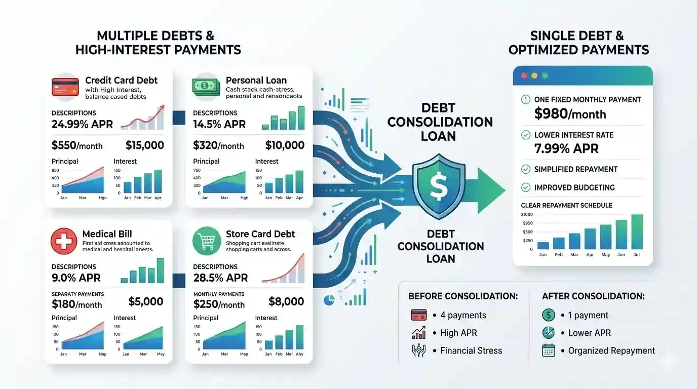 Debt Consolidation Loans Explained — LizoCalc Debt consolidation loan explained: multiple high-interest debts merging into one lower-rate payment with shield and dollar icon