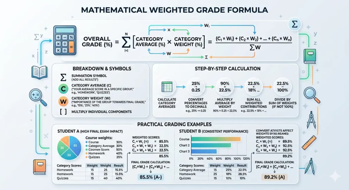 Weighted grade formula example with score and percentage calculations