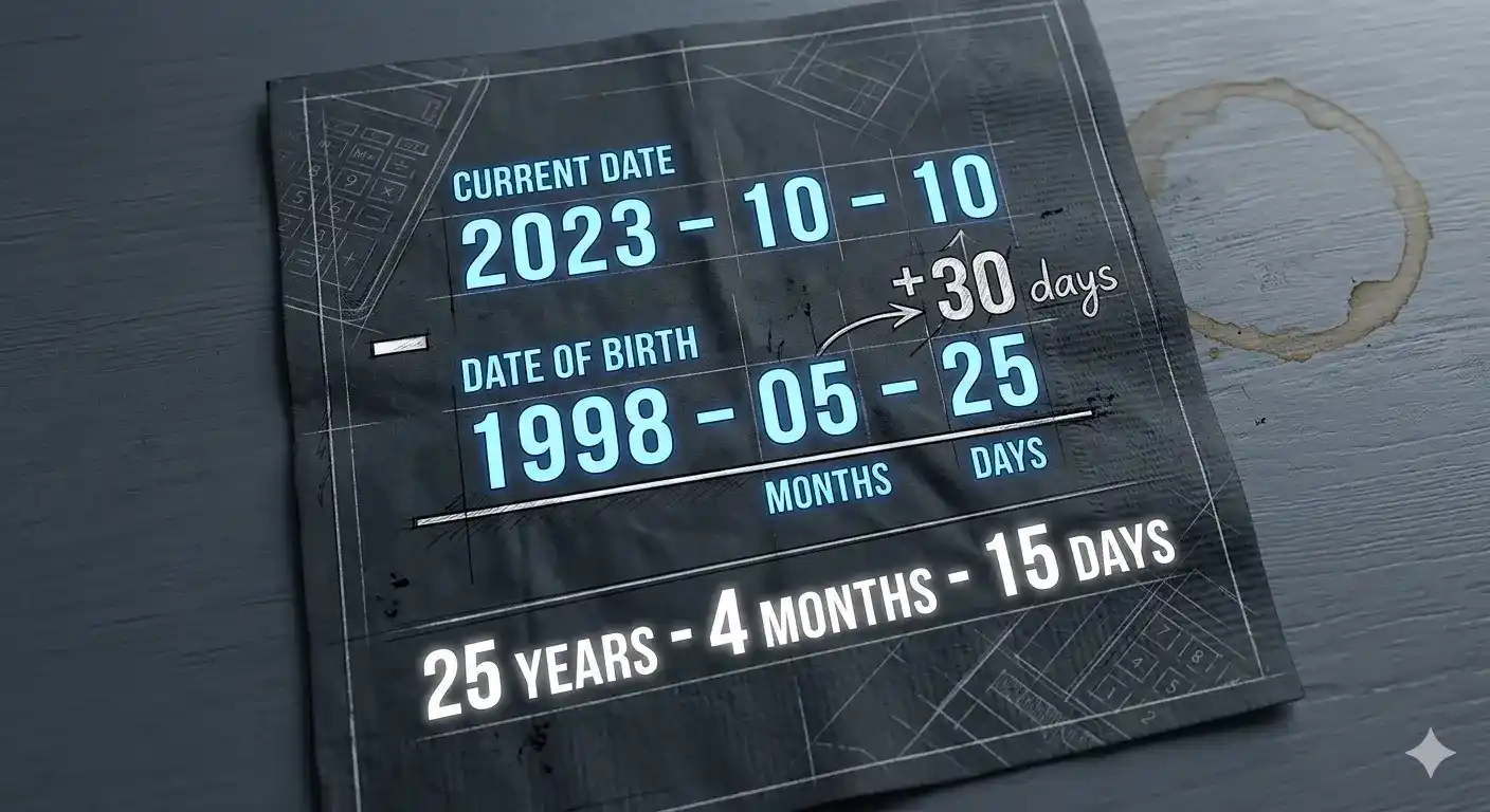 Technical diagram of age calculation borrowing logic showing day, month, and year subtraction steps